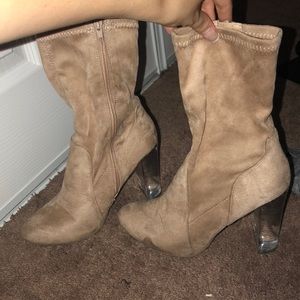 Camel sock booties with clear heels